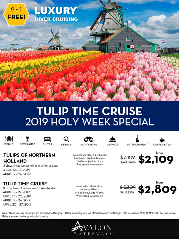 Picture of tulips and windmills, 9+1 Free sailing on Avalon, special price for individuals, sails in April 2019