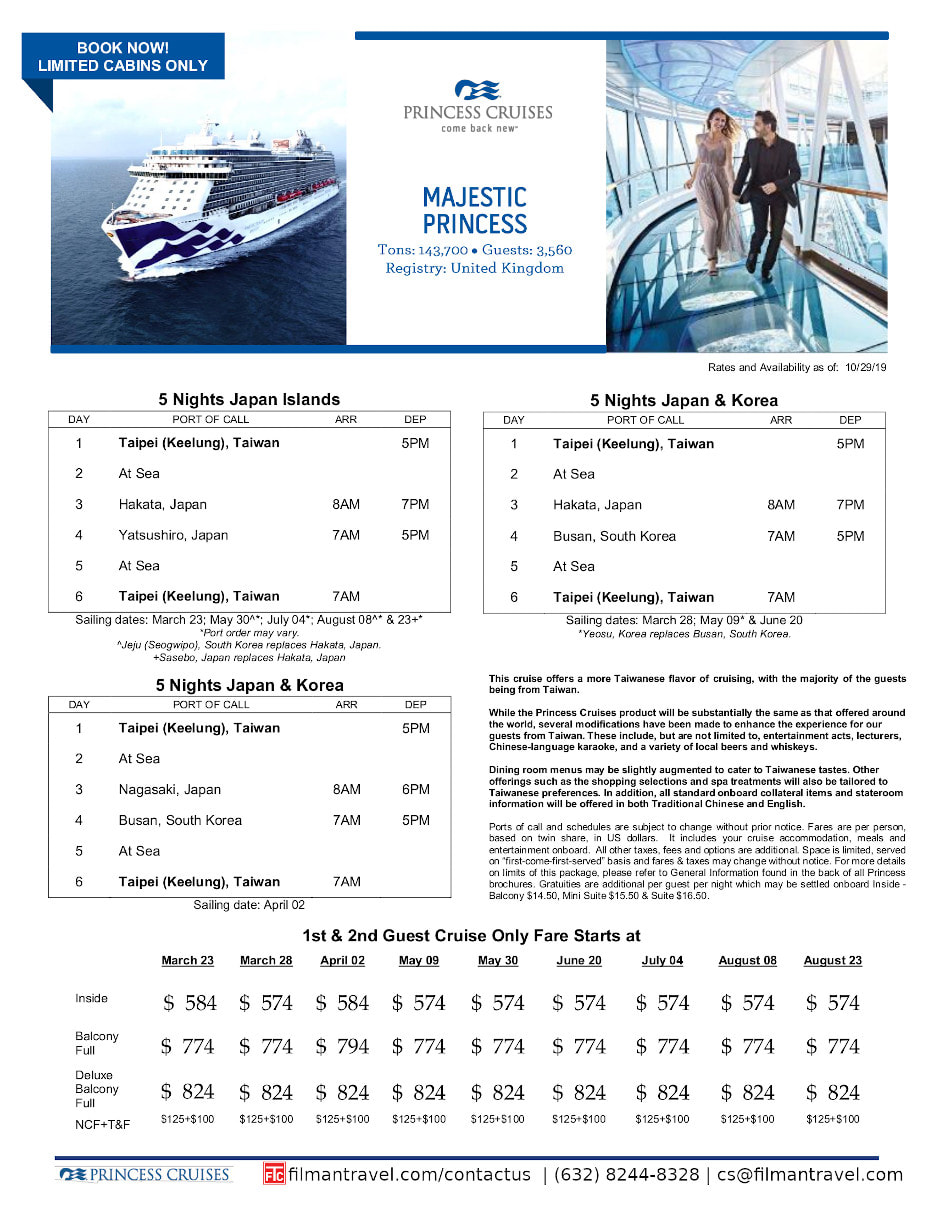 flyer image for japan taiwan cruise onboard majestic princess 2020 march to August