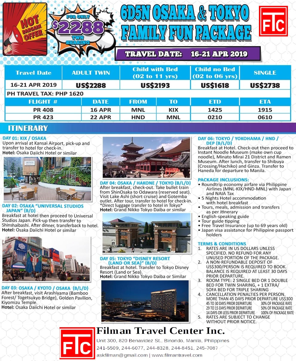 Flyer with details for 6 Days 5 nights osaka tokyo family fun package for holy week $2288 twin sharing, april 16-21 from manila 2019
