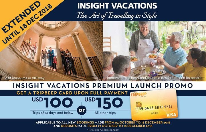image of insight vacations premium launch promo extended until December 18th, 2018.  Get a tripbeep card upon full payment.