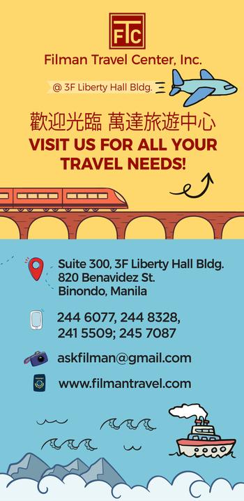 Image text: Visit us for all your travel needs! Suite 300, 3rd Floor Liberty Hall Building, 820 Benavidez St., Binondo, Manila.  Telephone numbers: (632) 2446077; 2448328; 2415509; 2457087.  askfilman@gmail.com.  filmantravel.com